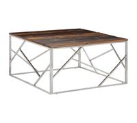 Ordellia Table Basse argenté en Acier Inoxydable et Bois de mélèze Massif 100 x 100 x 50 cm, Meuble Console Moderne pour Salon séjour, Design Simple, Surface résistante, Centre de pièce