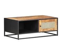 Ordellia Table Basse en Bois de manguier Brut, Canne Naturelle, 90 x 50 x 35 cm, Meuble de Salon avec Rangement, Style Rustique, Cadre en Fer Noir pour séjour, Bureau