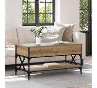Ordellia Table Basse relevable chêne Artisanal 100 x 50 x 50 cm, Bois d ingénierie et métal Mat, Meuble Console rectangulaire avec étagère, Salon séjour Bureau, Design Industriel