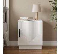 Ordellia Table de Chevet Blanche 43 x 34,5 x 47 cm Bois d’ingénierie, Porte à charnière 90°, poignées en D métal, Meuble appoint pour Chambre lit Salon, Rangement Compact