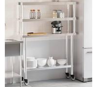 Ordellia Table de travail de cuisine en acier inoxydable avec planche, 110 x 30 x 150 cm, 4 roulettes avec freins, plan de travail, étagère, pour restauration, restaurant, bar, cantine, buffet