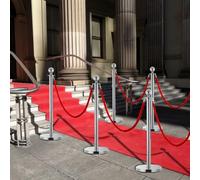 Ordellia VIP Lot de 3 supports de délimitation en acier inoxydable argenté avec corde en velours rouge, hauteur de poteau de 100 cm, corde de 150 cm, pied de 32 cm pour queues d'attente, événements