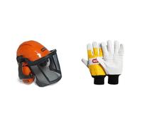 Oregon Waipoua Casque de Sécurité pour Tronçonneuse avec Cache-Oreilles de Protection et Visière en Maille & Gants de Protection - Mixte Adulte - Jaune (Blanc) - L