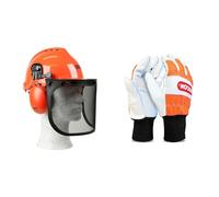 OREGON Yukon Casque de Sécurité pour Tronçonneuse avec Protections Auditives et Visière en Maille d'acier (562412) & Gants de Sécurité en Cuir pour Tronçonneuse, Protection de la Main Gauche,Orange