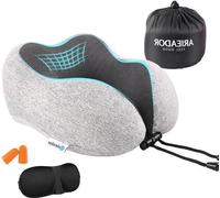 Oreiller de voyage ergonomique avec masque de sommeil, bouchons d'oreilles et sac de rangement, gris