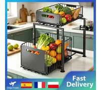 Organisateur coulissant à 2 niveaux, étagère de rangement sous évier à hauteur réglable avec tiroir coulissant pour rangement sous armoire de cuisine ou salle de bain, forte capacité de charge, ES-Bla