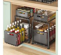 Organisateur d'armoire extractible à 2 niveaux, panier de rangement de cuisine réglable sous l'évier, support de rangement d'épices, tiroir coulissant black 3-Tier