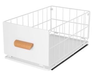 Organisateur d'armoire - Panier de rangement coulissant - Capacité de charge : 15 kg - Dimensions : 40 × 24 × 18 cm - Acier au carbone et bois - Style moderne - Blanc