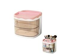 Organisateur de Bureau 3 Étagères avec 2 Tiroirs Tournants Transparents - 5 Cases Multifonction pour Stylos, Bijoux, Accessoires - Design Moderne Rose - 11x11x11cm