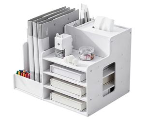 Organisateur de bureau en bois, classeur pour documents A4 avec 8 compartiments, distributeur de mouchoirs