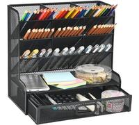 Organisateur de bureau Unyqoos® avec 9 compartiments et une étagère, porte-stylos multifonctionnel en métal, pieds antidérapants, noir, 26,9 x 9,9 x 20,8 cm