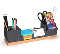 Organisateur de bureau Unyqoos® - Lot de 6 pièces : base en bois de hêtre et compartiments robustes en plastique dur, porte-stylos réglable, support pour téléphone portable avec fente de chargement, c