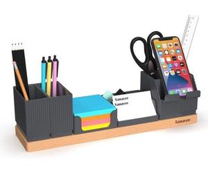 Organisateur de bureau Unyqoos® - Lot de 6 pièces : base en bois de hêtre et compartiments robustes en plastique dur, porte-stylos réglable, support pour téléphone portable avec fente de chargement, c