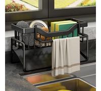 Organisateur de cuisine avec porte-éponge - Organisateur de cuisine avec porte-torchon, organiseur en métal avec bac d'égouttage automatique (noir)