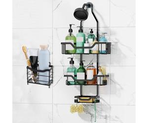 Organisateur de douche suspendu Unyqoos® avec 3 paniers, un support pour brosses à dents et 12 crochets, en matériau inoxydable, avec ventouses antidérapantes – pas besoin de percer, compatible avec l