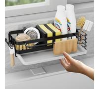 Organisateur de lavabo Bonhoom avec bac d'égouttage - Porte-éponge de cuisine avec porte-torchon et deux crochets, avec porte-brosse à vaisselle, organiseur de lavabo suspendu en métal - Aucun perçage