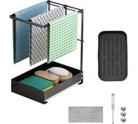 Organisateur de lavabo Unyqoos® – Support pour éponge avec porte-serviette, en acier au carbone et en silicone, dimensions 22×12×23 cm, inclut un égouttoir de 23,5×13,5×1,8 cm, ainsi que des crochets 