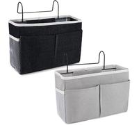 Organisateur de lit suspendu Unyqoos® en coton et lin, avec cadre métallique revêtu de PE, dimensions : 32 x 10 x 19 cm. Il comprend un grand compartiment, 2 poches, une poche en filet et deux crochet