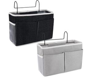 Organisateur de lit suspendu Unyqoos® en coton et lin, avec cadre métallique revêtu de PE, dimensions : 32 x 10 x 19 cm. Il comprend un grand compartiment, 2 poches, une poche en filet et deux crochet
