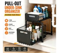 Organisateur de placard coulissant, étagère de rangement à 2 niveaux en acier au carbone, 5 hauteurs réglables pour cuisine, salle de bain, garde-manger, bureau noir