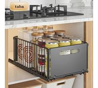 Organisateur de placard extensible - Panier coulissant de cuisine pour charges lourdes - Aluminium monté sur rails télescopiques - Montage adhésive - Pour meubles bas de salle de bain/cuisine - 1 pièc