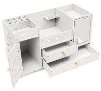 Organisateur de table de maquillage - Boîte de rangement pour cosmétiques avec miroir - Plusieurs compartiments et tiroirs - Support pour mouchoirs en papier - Design vertical gain de place - PVC - Bl