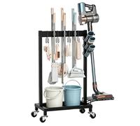 Organisateur d'outils de jardin à 3 niveaux et 6 porte-serpillères, étagère à outils de jardin avec 3 crochets mobiles et roulettes verrouillables, porte-outils pour garage, abri de jardin et terrasse