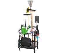 Organisateur d'outils de jardin Eluno, chariot à outils avec étagères et paniers, support pour balai, râteau et fourche de jardin en acier noir