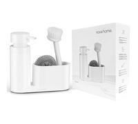 Organisateur évier Cuisine Blanc | Porte éponge et Distributeur Savon au Design Moderne avec Brosse Vaisselle INOX et éponge Anti-Rayures | Finition Mate élégante et compacte