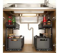 Organisateur extractible à 2 niveaux avec tiroirs coulissants, support de rangement sous l'évier à hauteur réglable pour cuisine, salle de bain, armoire de rangement 2pcs-H