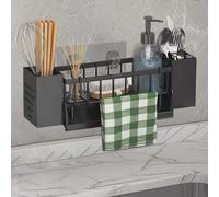 Organisateur pour évier, porte-éponge suspendu – Organisateur pour évier avec porte-torchon et compartiment de rangement, organisateur pour évier en métal avec système de vidange automatique – Aucun p