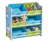 Organiseur à Jouets Enfant GINGER HOME SAVANNA, Étagère avec Bacs de Rangement, Bois MDF, 63x30x60 cm, Thème Safari Girafe et Zèbre