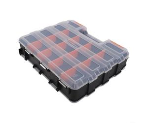 Organiseur à outils en plastique robuste avec trente séparateurs réglables, design double face avec couvercle transparent, double loquet sécurisé pour un transport en toute sécurité, couleur noire et