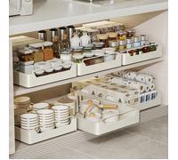 Organiseur d'armoire coulissant, Panier Coulissant pour Placard de Cuisine,Telescopique Tiroir Cuisine sans Perçage,Blanc,43x40