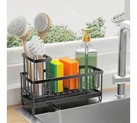 Organiseur de bac à vaisselle avec porte-brosse, en acier inoxydable 304, porte-éponge de cuisine pour évier de cuisine, organisateur de comptoir et rangement avec distributeur de savon, Noir