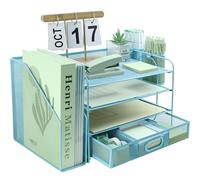 Organiseur de bureau à 4 niveaux avec trieur de fichiers vertical supplémentaire, bac à courrier avec support de tiroir supérieur pour papeterie, plateaux de classement de bureau A4, porte-magazines