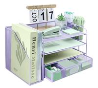 Organiseur de bureau à 4 niveaux avec trieur de fichiers vertical supplémentaire, bac à courrier avec support de tiroir supérieur pour papeterie, plateaux de classement de bureau A4, porte-magazines