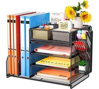 Organiseur de bureau avec porte-documents - Porte-enveloppes à 5 compartiments avec plateau, 4 stylos à plume, rangement de bureau, porte-journaux pour fournitures de bureau, rangement pour documents