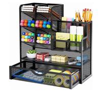 Organiseur de bureau porte-stylos - Métal maillé - 6 compartiments inclinés - 4 compartiments plats - Noir - 26 x 23 x 10 cm - Pour bureau à domicile