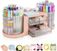Organiseur de bureau RETON Draaibare avec 2 porte-stylos, porte-stylos multifonctionnel pivotant à 360° avec 3 tiroirs, 10 compartiments, porte-stylos pour le bureau, l'école et la maison