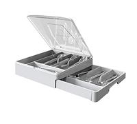 Organiseur de couverts à double couche avec couvercle, plateau à couverts pour comptoir, plateau à argenterie pour tiroirs de cuisine avec 2 niveaux porte-ustensiles et 9 compartiments (blanc)