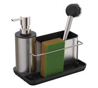 Organiseur de cuisine avec distributeur de savon et porte-éponge, H x L x P : 19 x 21 x 12 cm, ensemble de cuisine, acier inoxydable, argent