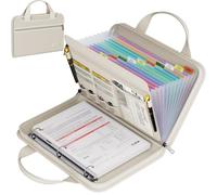 Organiseur de fichiers accordéon ignifuge avec poignée, 13 poches extensibles avec fermeture éclair et étiquettes, classeur à 3 anneaux, classeur multi-poches pour dossiers A4 (beige)