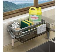 Organiseur de lavabo avec égouttoir, crochets, fixation murale (sans perçage), organiseur de lavabo autocollant pour accessoires de cuisine (éponge/brosse/liquide vaisselle) (gris)