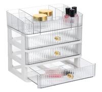 Organiseur de Maquillage à 4 Niveaux, boîte Transparente à tiroirs avec 3 tiroirs, Grand Rangement de Table pour Rouges à lèvres, parfums, pinceaux, Soins et fards à paupières