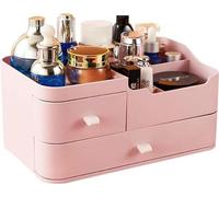 Organiseur de maquillage avec 2 tiroirs et 9 compartiments, rose, pour le maquillage et les bijoux