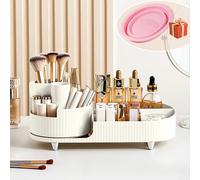 Organiseur de maquillage pivotant à 360°, grand rangement pour produits de beauté de salle de bain avec compartiment de rangement – nettoyeur de pinceaux de maquillage inclus (blanc)
