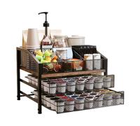Organiseur de rangement pour dosettes - Étagère rustique en métal et bois - Tiroir à café spacieux - Porte-sachets de thé multifonction - Solution de rangement élégante pour plan de travail