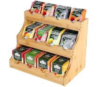 Organiseur de sachets de thé en bambou avec 12 compartiments - Plateau en bois à trois niveaux pour sachets de thé, café, sucre et cuillères.