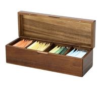 Organiseur en bois pour sachets de thé, boîte de rangement à 4 compartiments, coffret de tiroir avec séparateurs amovibles et fermeture métallique, format compact pour plan de travail, 12,2 x 4,1 x